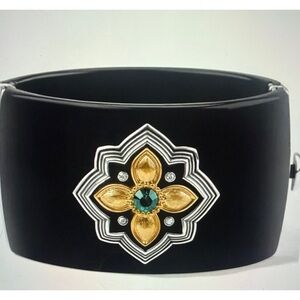 Brighton Black Cuff Bracelet with Gold Floral Emblem and Teal Stone NWT